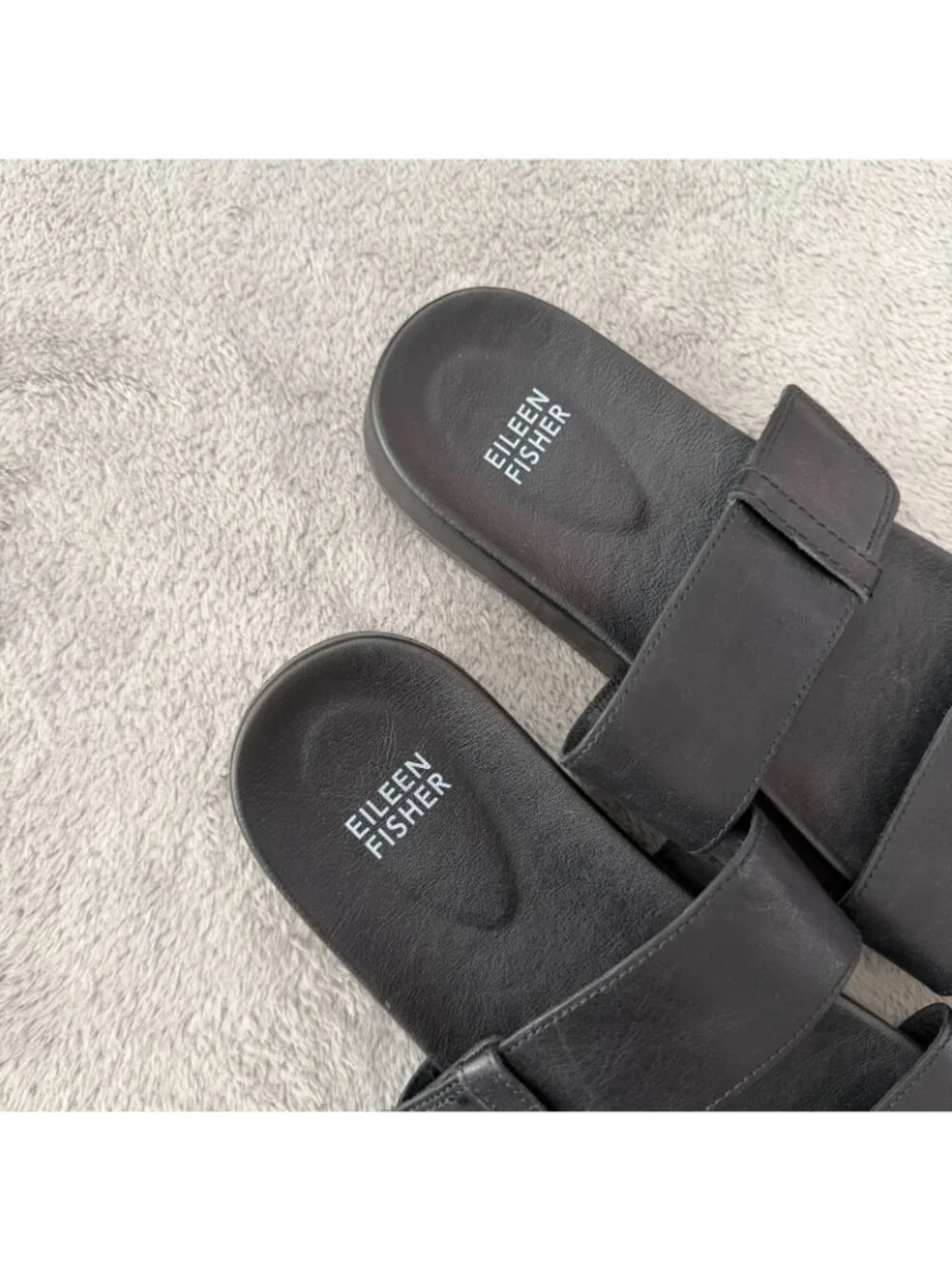 Eileen Fisher Folk Black Leather Sandals Adjustable Womens 8 Shoes Double Strap